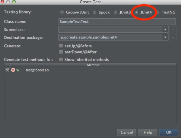Create TestでJUnit4を選ぶ
